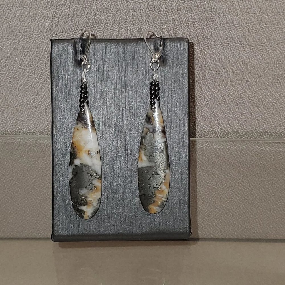 Pyrite Earrings, Natural Pyrite, Hematite, & Sterling Silver Long drop Earrings